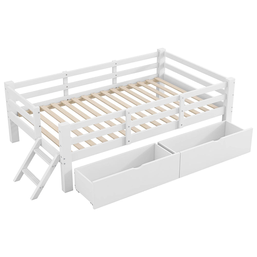 Letto 90x200cm in legno - Xylo - piattaforma 2 cassetti barriera bianco