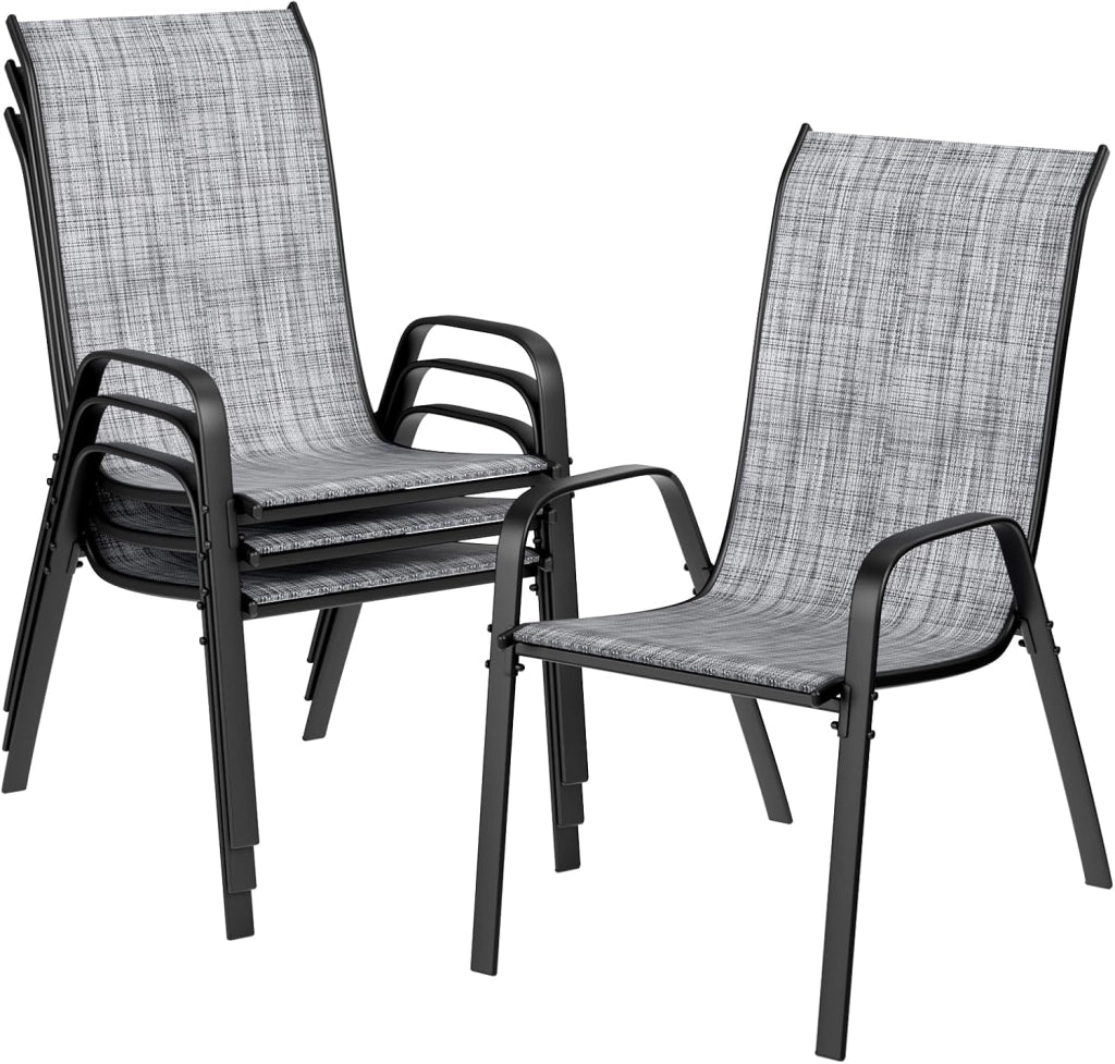 Sedia da giardino impilabile, da campeggio, impilabile, con schienale alto, in acciaio textilene, per giardini, cortili, balconi, ristoranti, 150 kg, portata: 54 x 69 x 93 cm 6pcs Lino grigio