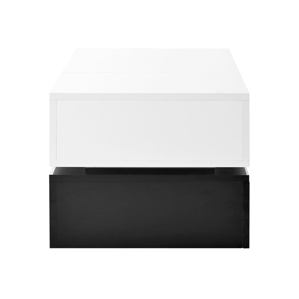 Tavolino da caffè 90x45x35;5 cm; LED con APP e Bluetooth; pannello truciolare; nero e bianco