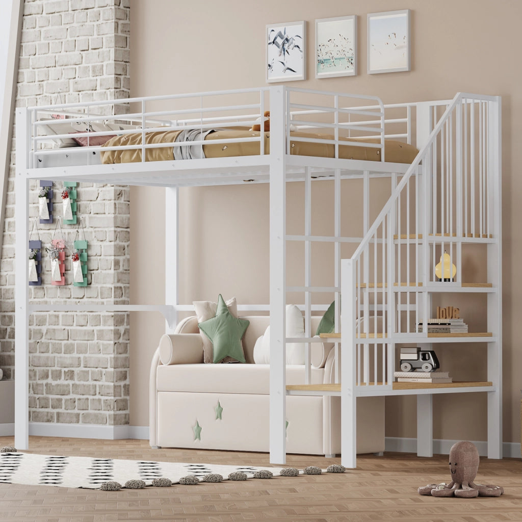 OKWISH Letto a Soppalco 140×200 cm, Letto Matrimoniale con Scala, Ampio Spazio Contenitore, senza Materasso, in Metallo e Legno, Bianco