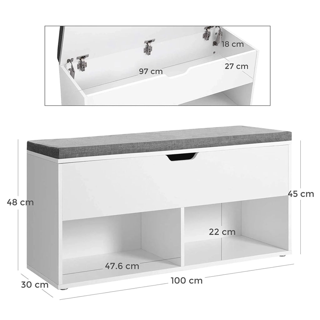 Panca portascarpe con 2 scomparti aperti e 1 scomparto chiuso seduta imbottita per ingresso camera da letto 100 x 30 x 48 cm bianco 12_0004070