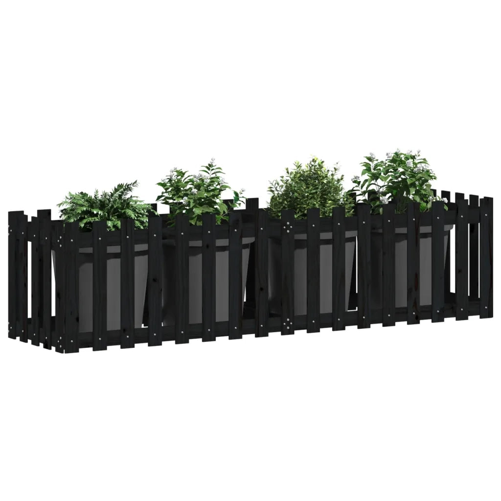 Fioriera | Cassetta per fiori | Vaso Giardino a Recinzione Nera 200x50x50cm Massello Pino