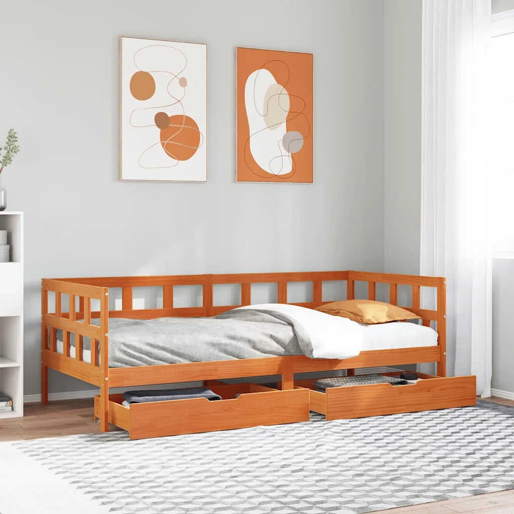 Divano Letto con Cassetti-Sofa Letto-Daybed Marrone Cera 80x200 cm Massello Pino