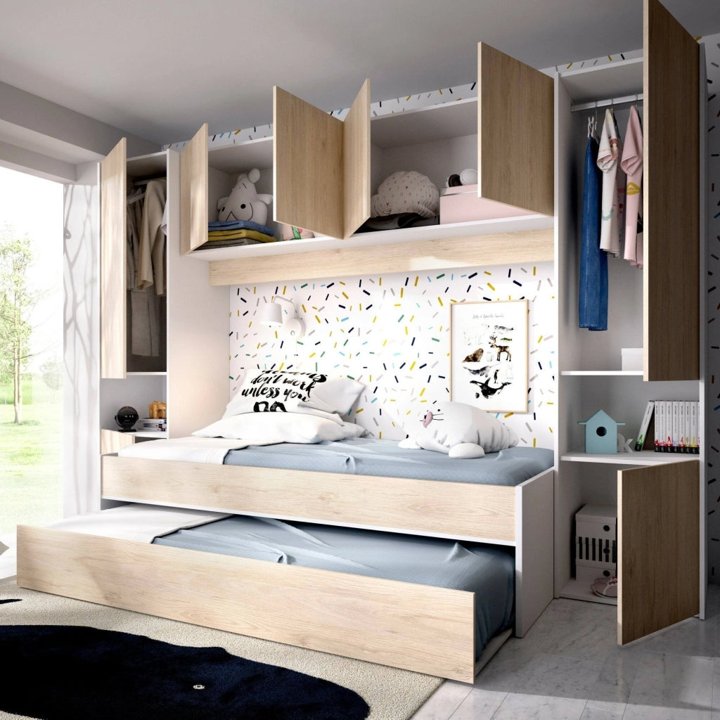 Letto per bambini Giustizia, Cameretta completa con armadio a ponte e cassettone, Composizione con letto e lettino singolo estraibile, 303x97h203 cm, Rovere e Bianco
