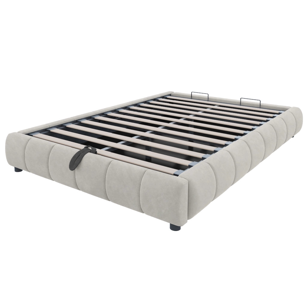 Letto imbottito 140 x 200 cm con struttura idraulica, luce LED bianca, contenitore salvaspazio, senza testiera, beige