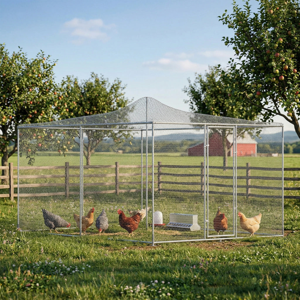 Pollaio per Galline da Esterno con Porta e Doppi Serratura, in Acciaio Zincato, 4x3x2 m, Argento