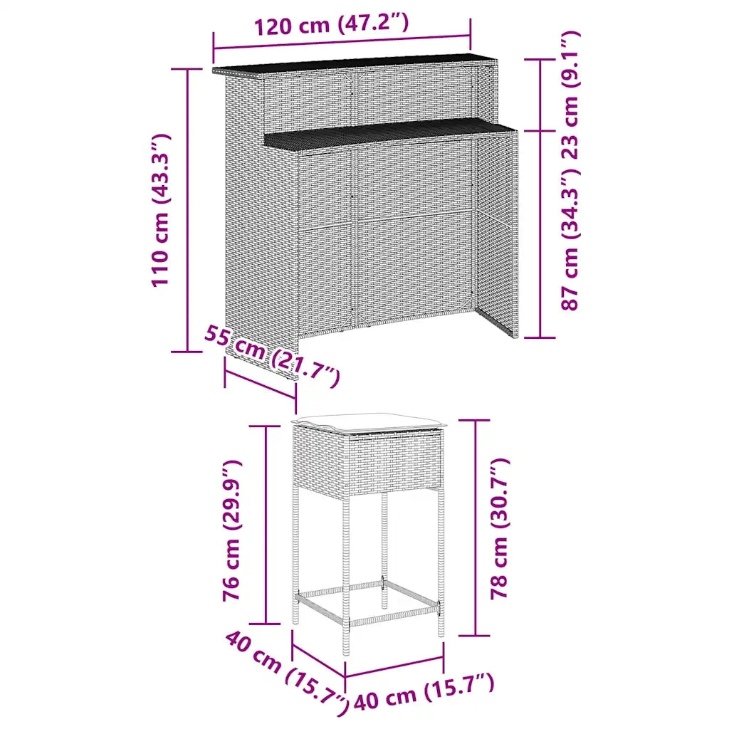 Set Bar da Giardino 3pz con Cuscini Grigio in Polyrattan 3261488
