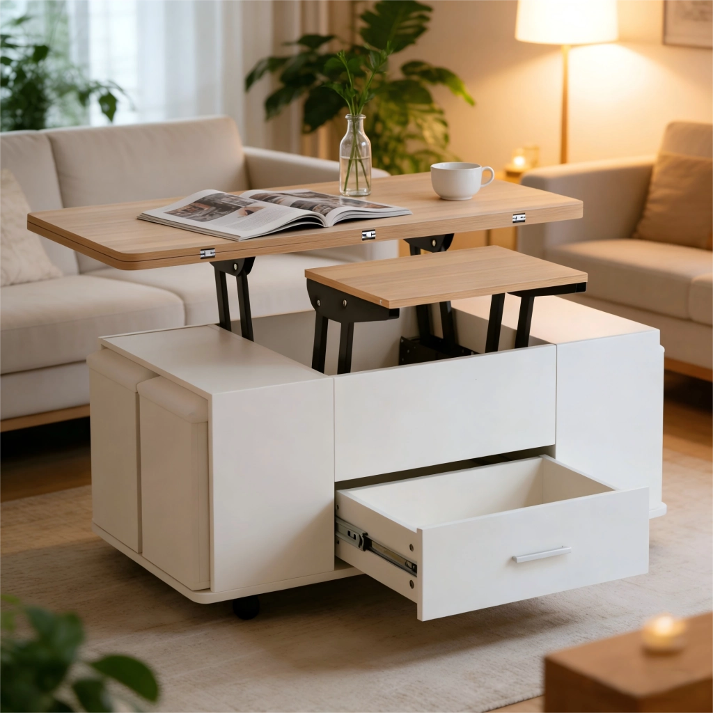 TAVOLO da caffè sollevabile 100x50 cm Bianco e effetto legno con 4 sgabelli