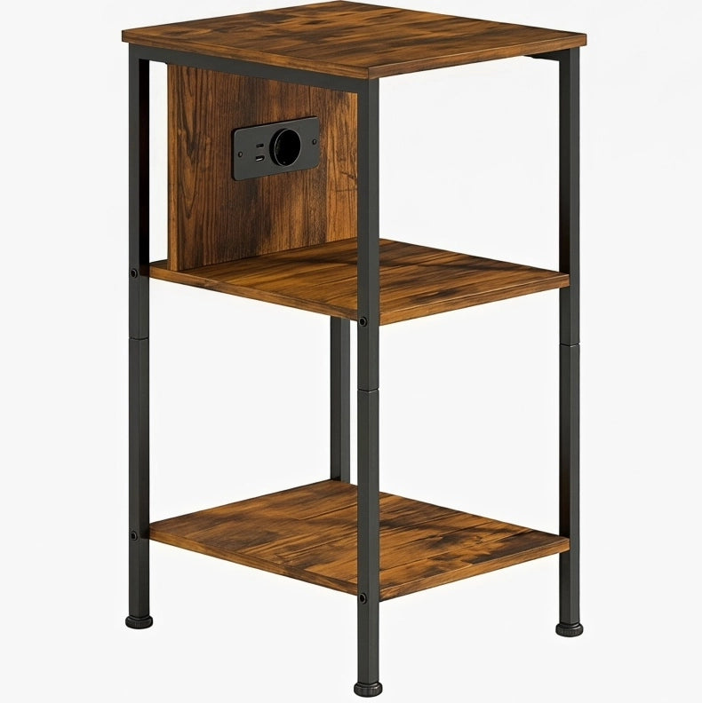 Tavolino laterale ULEVR 34x30x58 cm con presa, USB e Type-C, 2 ripiani aperti, marrone rustico