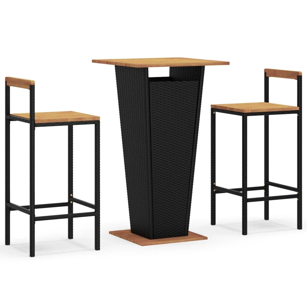 Set Bar Giardino 3 pz Nero Polyrattan e Legno Massello Acaciacod mxl 126392