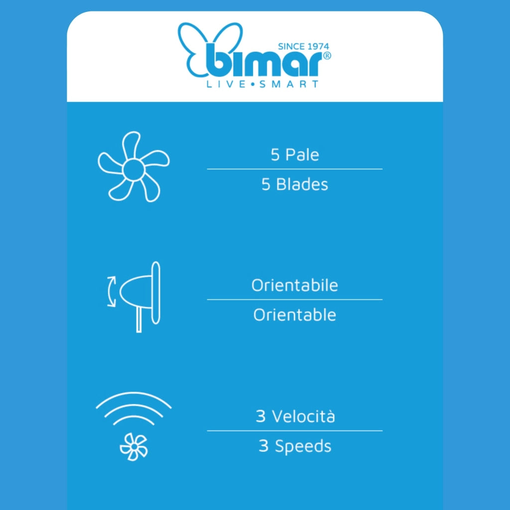 Bimar INB-VP433R Ventilatore a Piantana 40 cm con Base Tonda e 55W, 5 Pale ad Alta Efficienza, 3 Velocità, Oscillazione 90°, Altezza Regolabile 139cm
