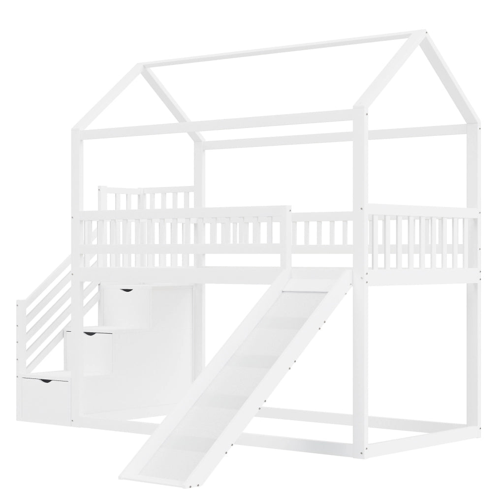 Letto a soppalco 90x200 cm con scivolo e scala contenitore in legno; metallo; compensato e MDF bianco