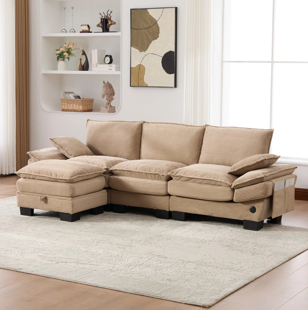 Divano modulare 3 posti in velluto a coste khaki con pouf