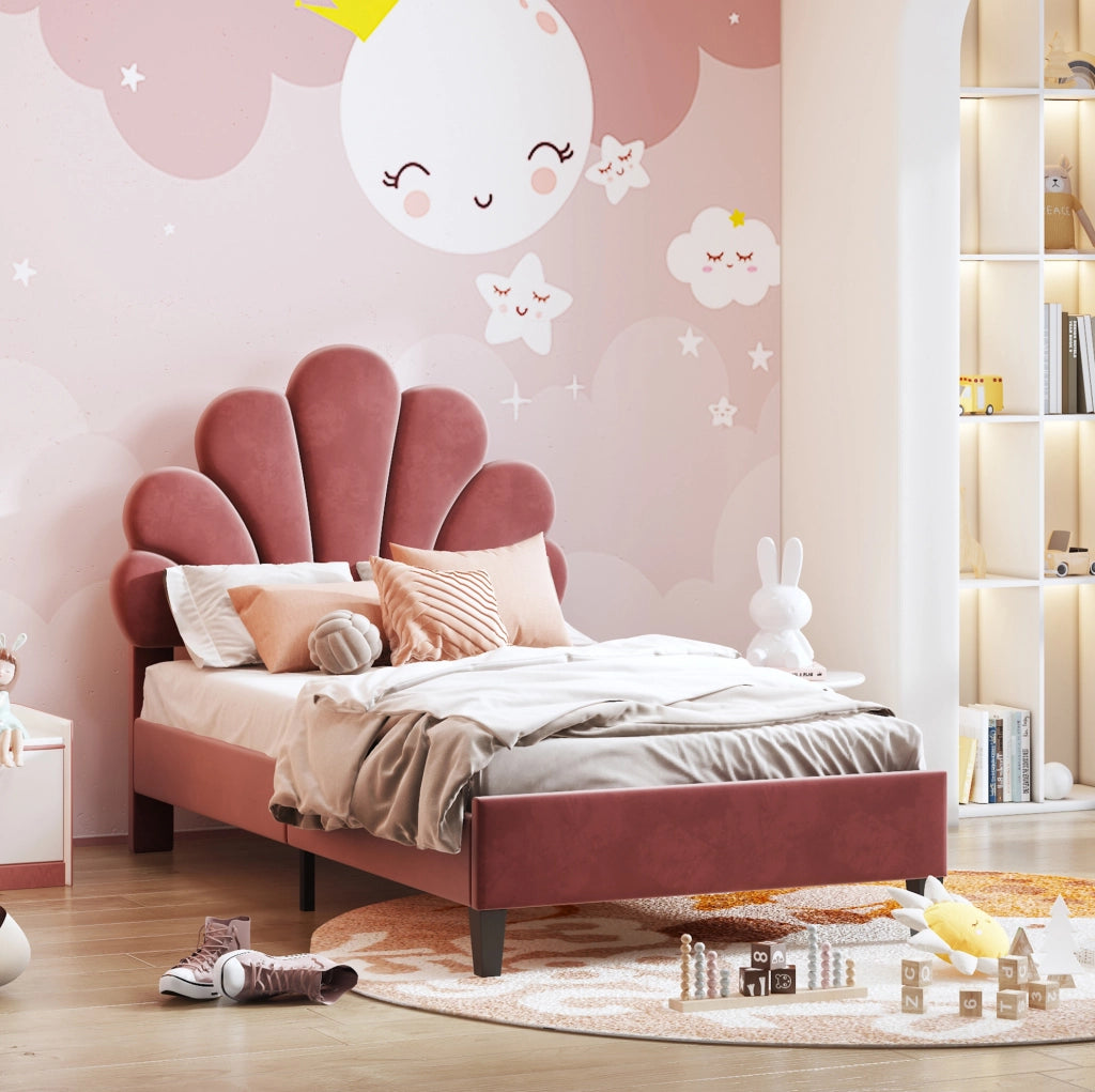 Letto imbottito 90x200 cm; testiera a fiore; velluto; rosso fagiolo (Senza materasso)