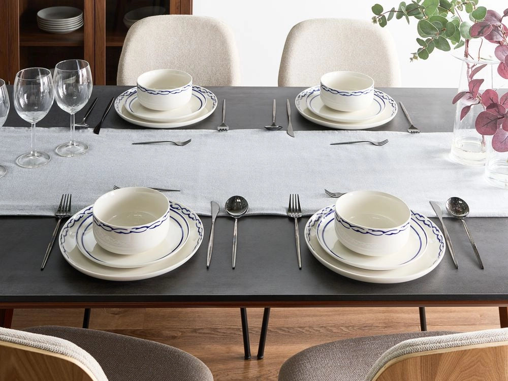 Servizio da tavola in porcellana bianco e blu 24 pezzi, finitura smaltata, bordo decorativo, per 8 persone, realizzato a mano, sala da pranzo, cucina