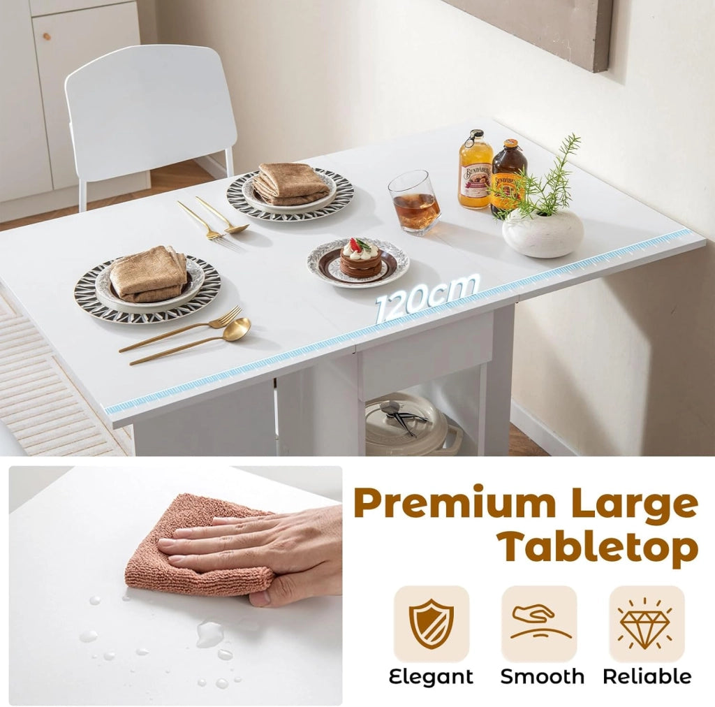 Tavolo da Cucina Pieghevole Mobile con 2 Ruote, 1 Cassetto e 2 Ripiani in Legno