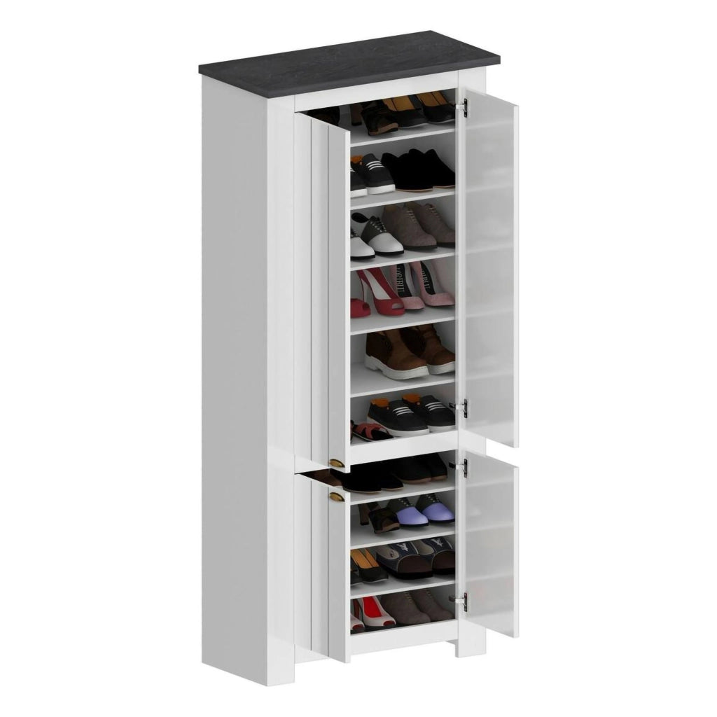 Scarpiera Shirley, Porta scarpe salvaspazio a 4 ante, Armadio multifunzione da ingresso, 84x42h200 cm, Bianco e Ardesia