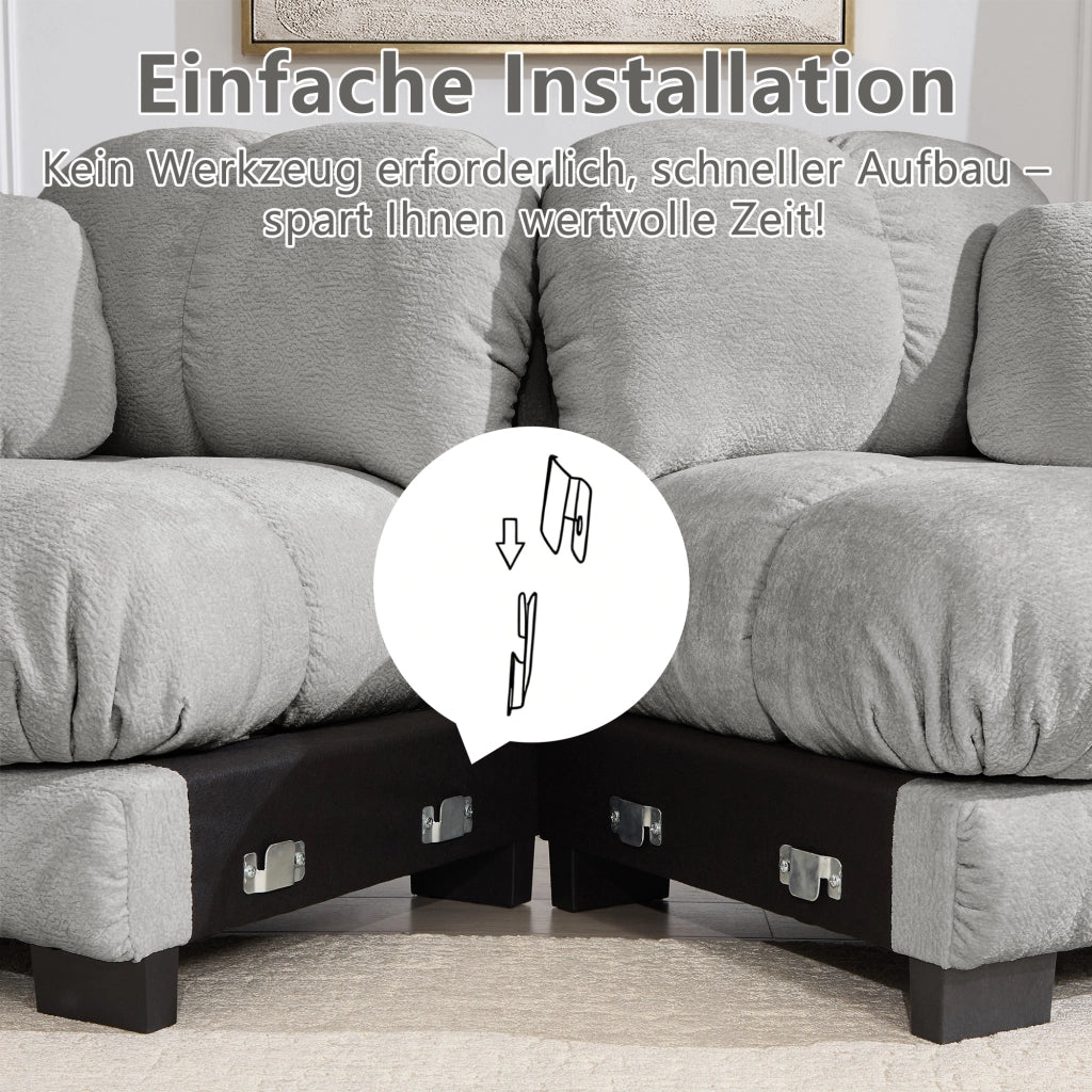 Divano angolare modulare a 2 posti in ciniglia con cuscini trapuntati e pouf mobile grigio chiaro 190 × 149 × 90 cm