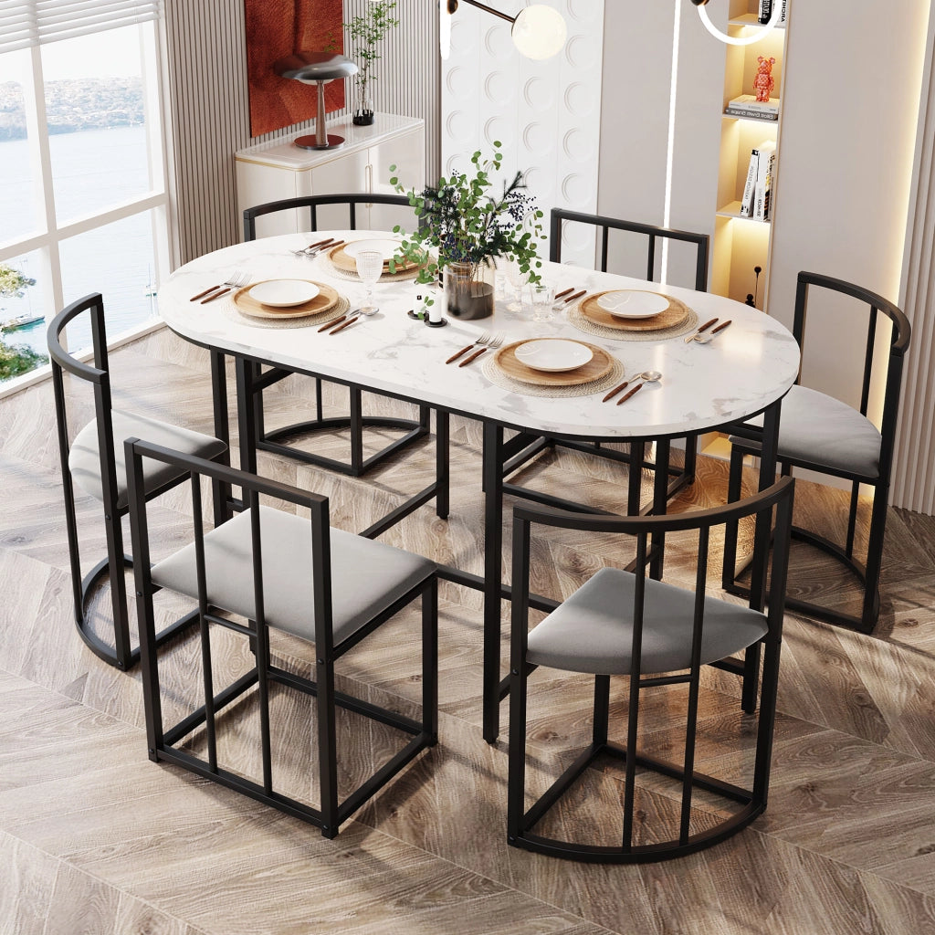 Tavolo da pranzo per 6 persone con 6 sedie con schienale e seduta imbottita stile moderno in MDF bianco e ferro nero
