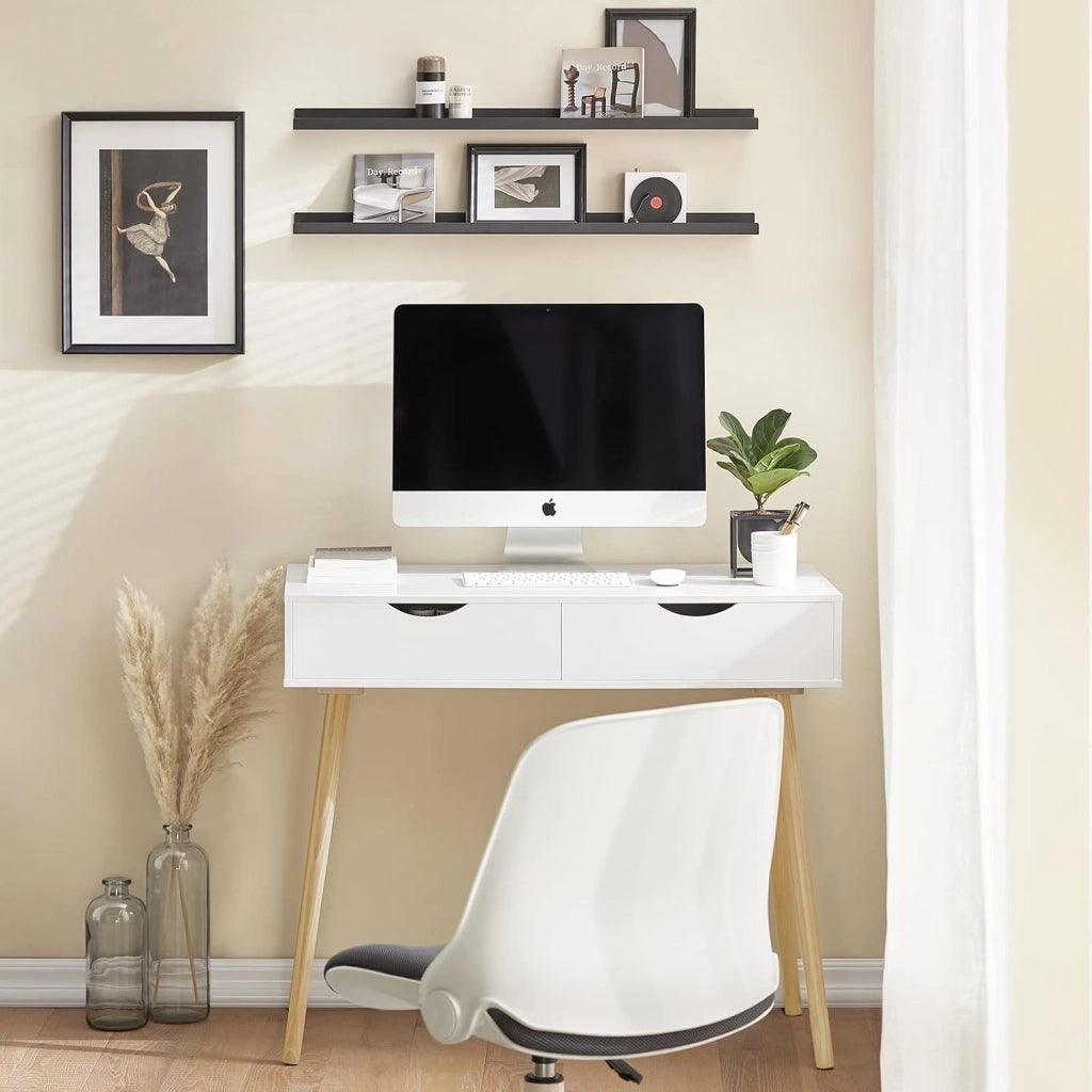 Scrivania con 2 cassetti, Gambe in Legno di Pino, Scrivania Ufficio Compatta, Tavolo da Lavoro per Studio Cameretta e Camera da Letto, L90*P45*A77cm, FWT40-WN