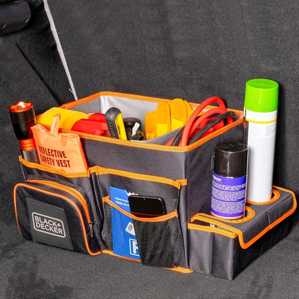 BLACK+DECKER Borsa Organizer Bagagliaio con Tracolla e Portabevande da Viaggio Grigio e Arancione