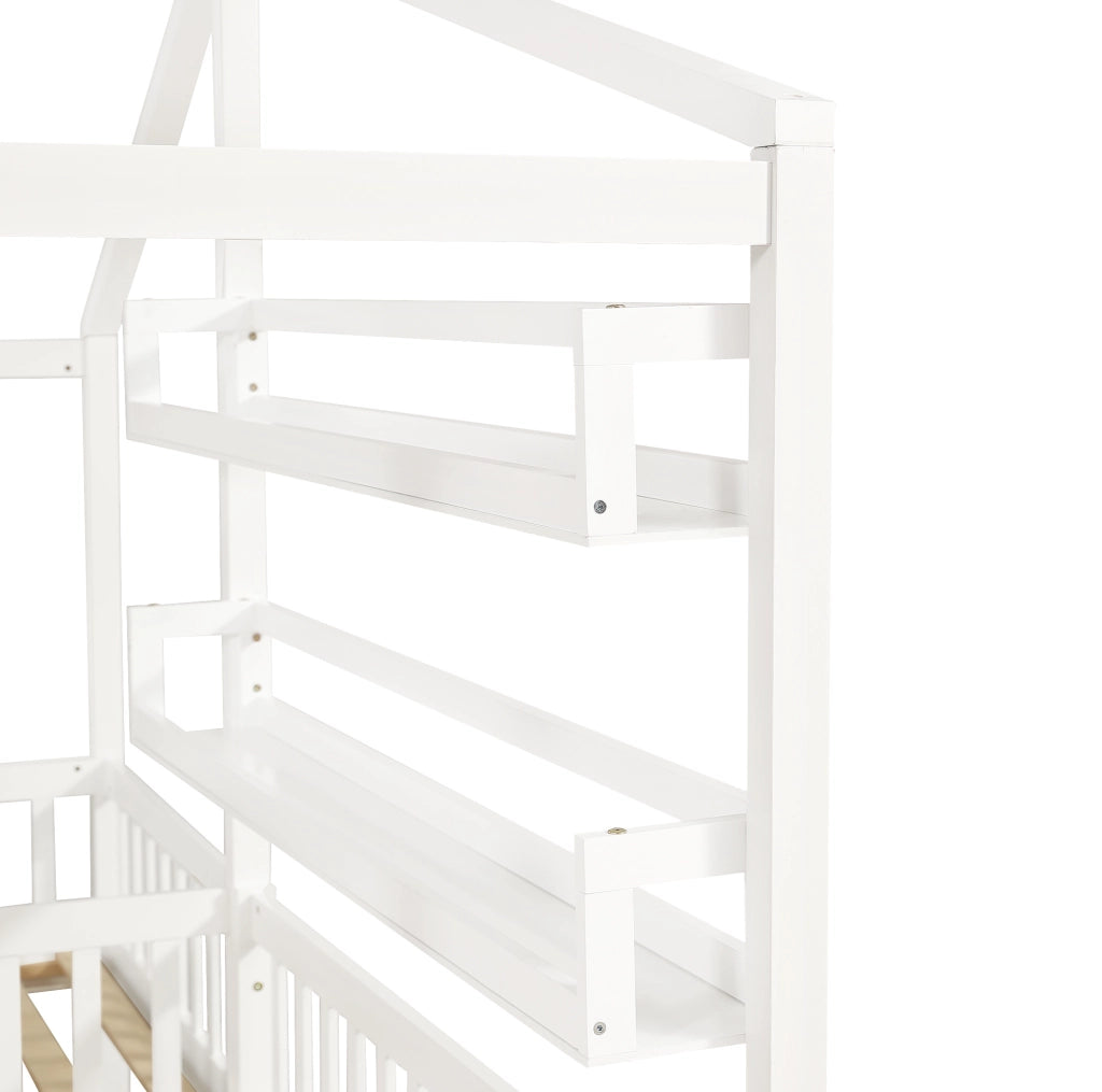 Letto a casetta a L per bambini con cassetto e scaffali bianco