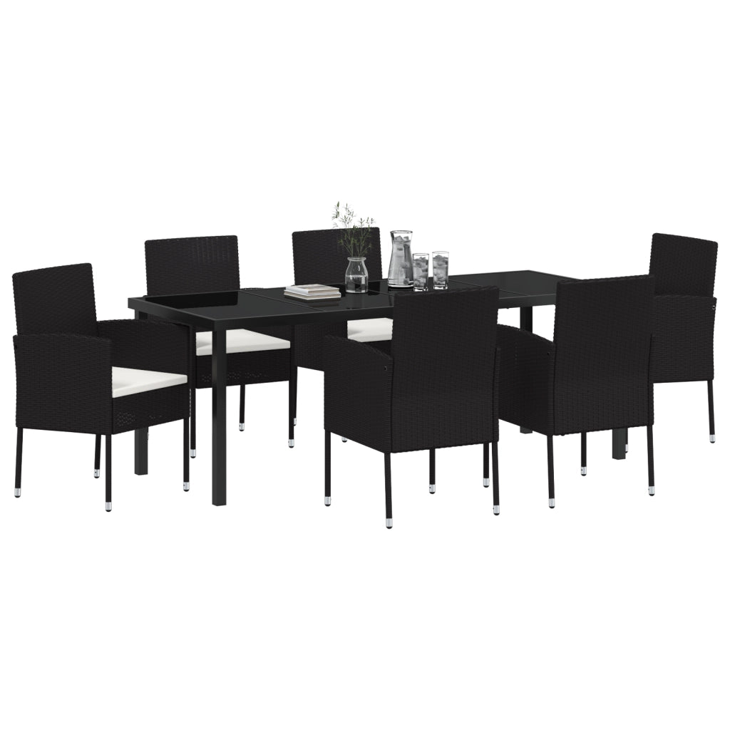 Set Pranzo Giardino 7 Pezzi con Cuscini Rattan Polinato Nero