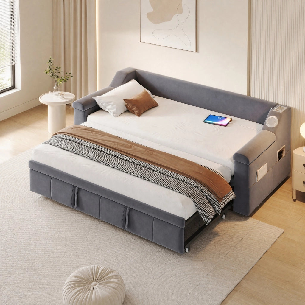 Divano letto imbottito con estensione idraulica 90/180x190 cm; velluto grigio; con Bluetooth e USB