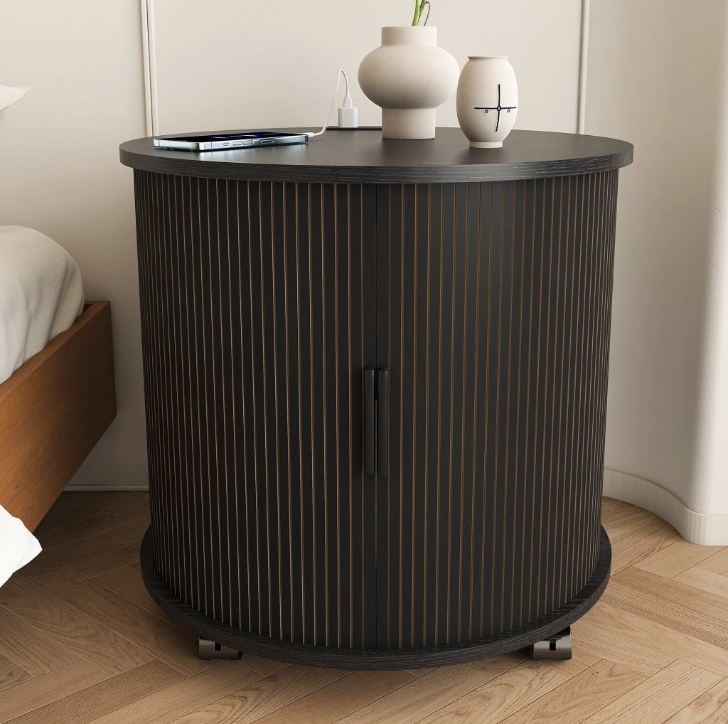 Tavolino da notte rotondo stile Mid-Century con stazione di ricarica; 60 cm; nero