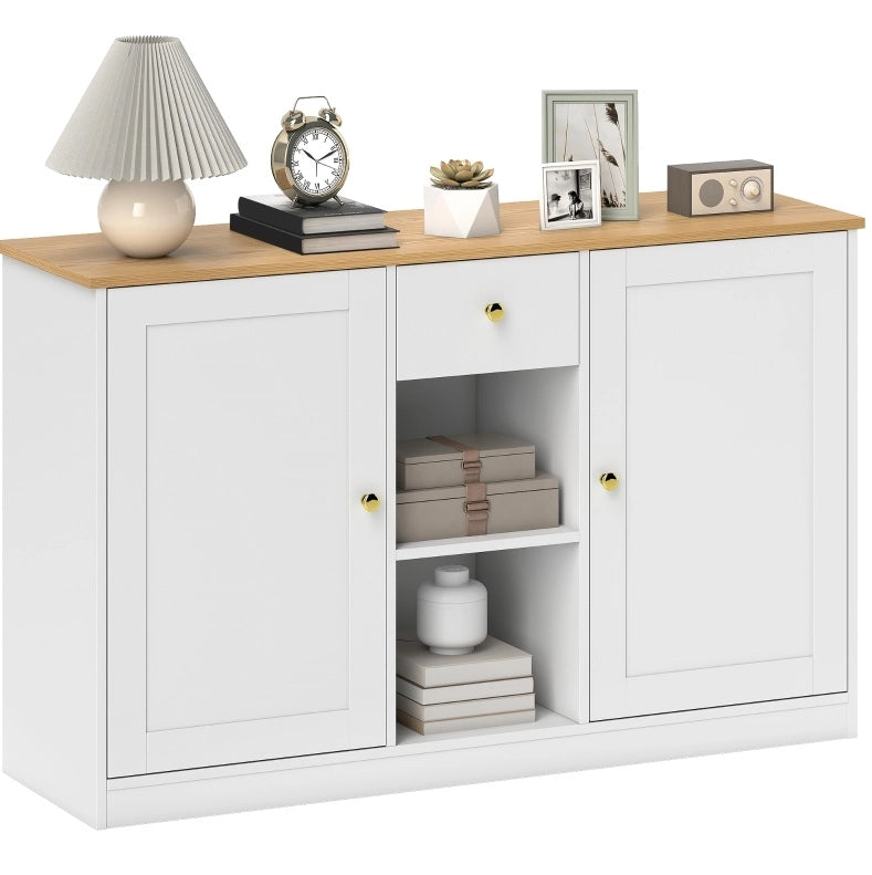 Credenza bianca 120 cm con cassetto, ante e vani aperti