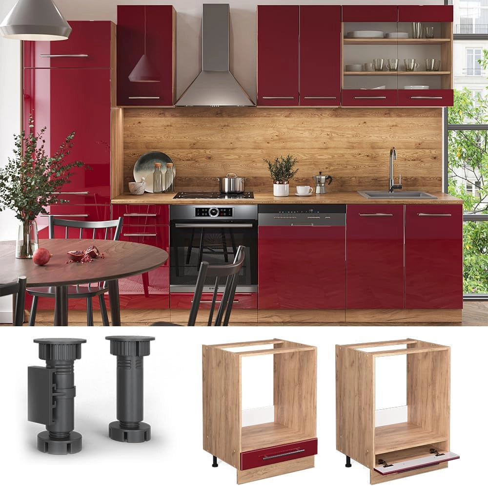 Mobile per forno da incasso Fame-Line, Rosso bordeaux lucido, 60 cm, PL Rovere, per la combinazione con altri moduli della serie Fame-Line
