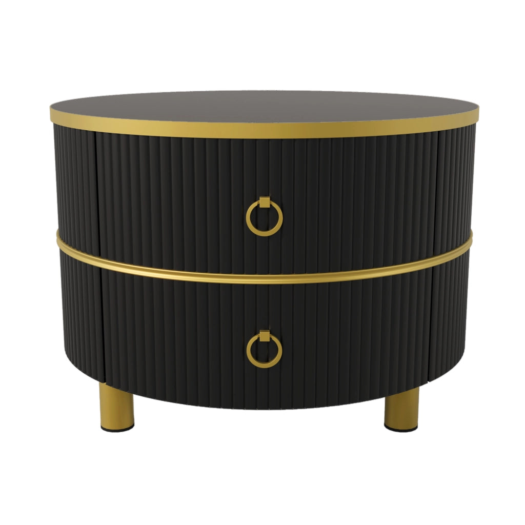 Tavolini da Caffè Rotondi a Nido con 2 Cassetti; Piano Lucido e Vetro Temperato Marrone; Moderno; Nero; 70×70×45 + 50×50×40 cm
