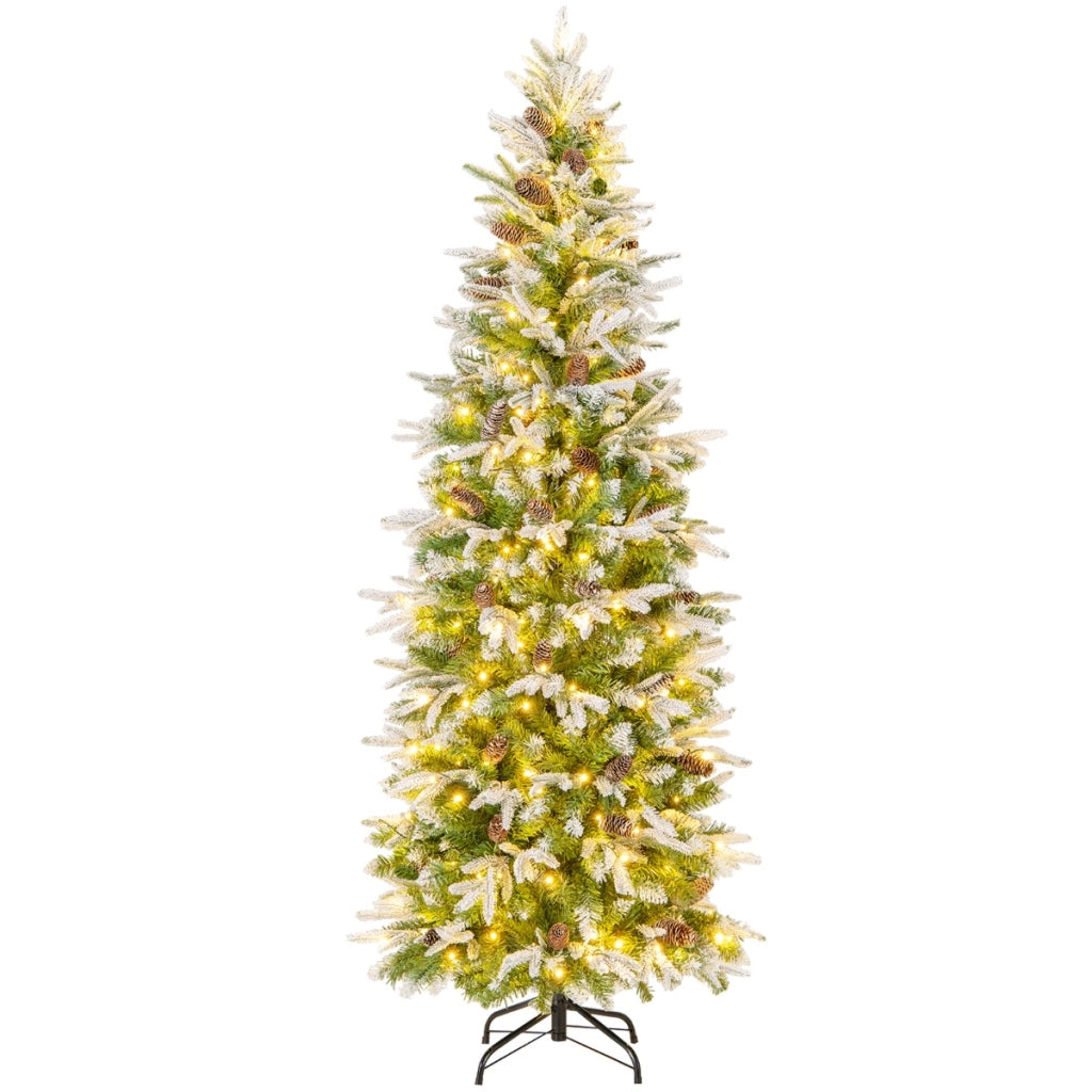 Albero di Natale foderato di neve con rami articolati e 671 punte, Albero di Natale artificiale pre-luminoso 190cm-Alberi di Natale
