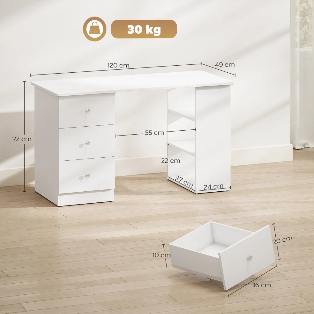 Scrivania Porta PC per Camera e Ufficio con Cassettiera e Ripiani Portaoggetti in Legno 120x49x72cm Bianco