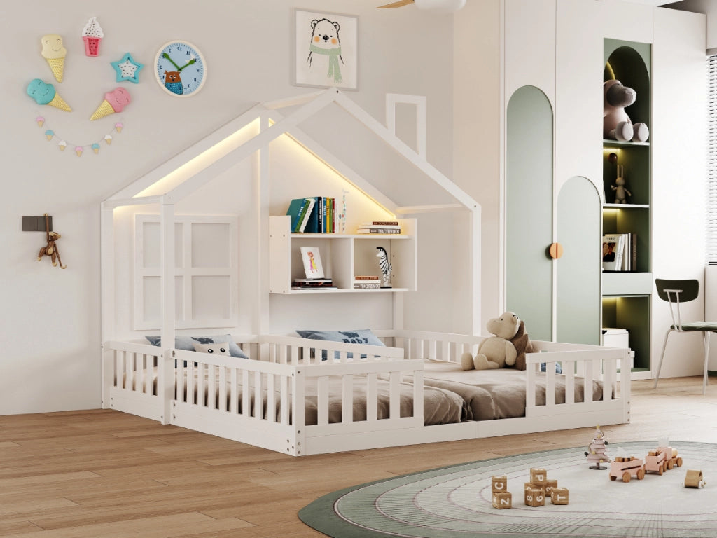 Letto per bambini a forma di casa con LED e doghe, 90x200 cm, bianco