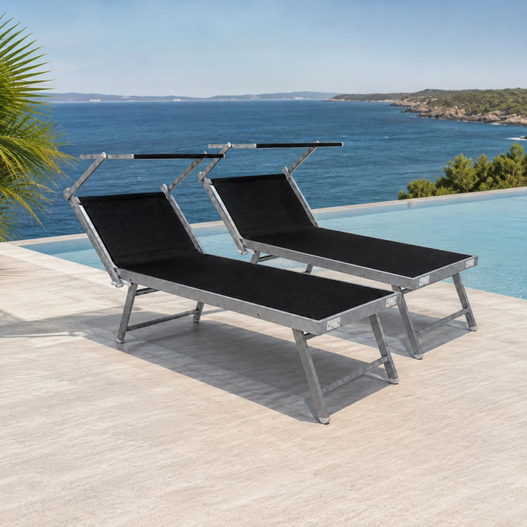 Set 2 Lettini Prendisole Pieghevoli Professionali In Alluminio Leggero Con Tettuccio Parasole Regolabile Sdraio Relax Mare Spiaggia Piscina Giardino Terrazza 182 x 60 x 38 Cm Nero