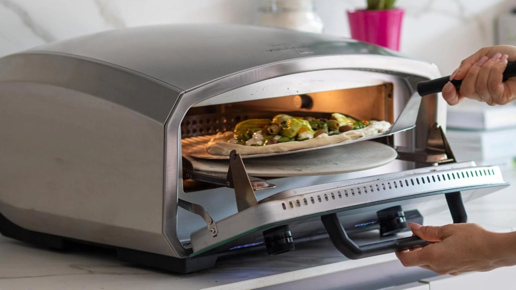 Rgv vulcano forno elettrico per pizza, piatto girevole, apertura a slitta, temperatura 450°c, pizza pronta in 2 minuti