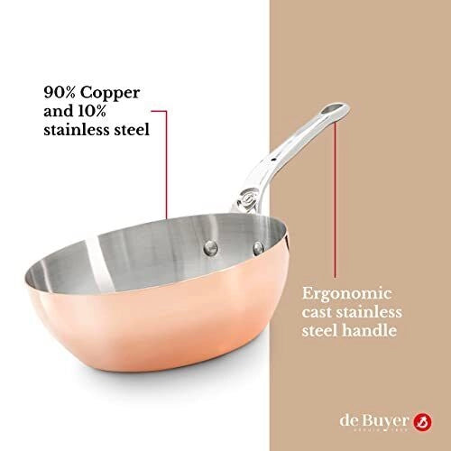 DE BUYER 6236.2 Prima Matera Casseruola Bombata in Rame 90% e Acciaio Inox 10% con Fondo Ferromagnetico per Induzione Diametro 20 cm colore Rame