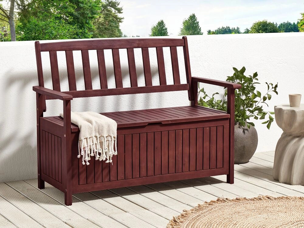 Panca da Esterno con Contenitore in Legno Massello di Acacia 2 Posti 120 cm Rosso Mogano