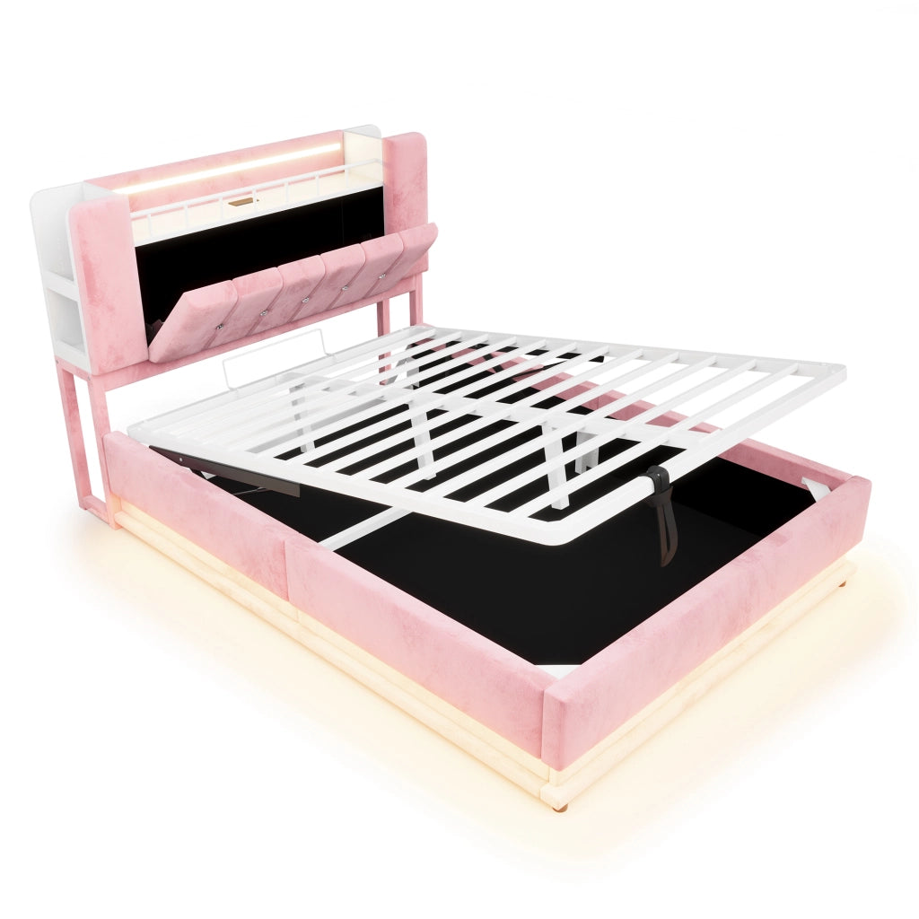 Letto matrimoniale imbottito 140x200 cm con LED; USB e contenitore idraulico; rosa