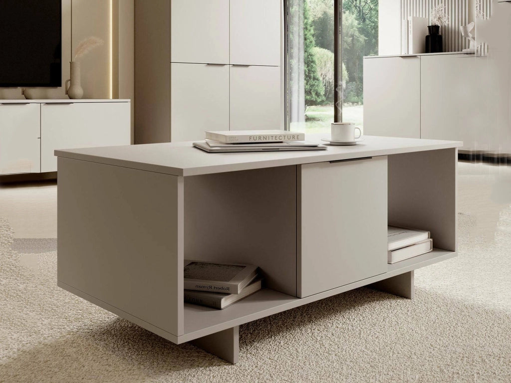 Tavolino da salotto Rho, Con ante e vani contenitore, Rialzato da terra, 100x55 h55 cm, Beige