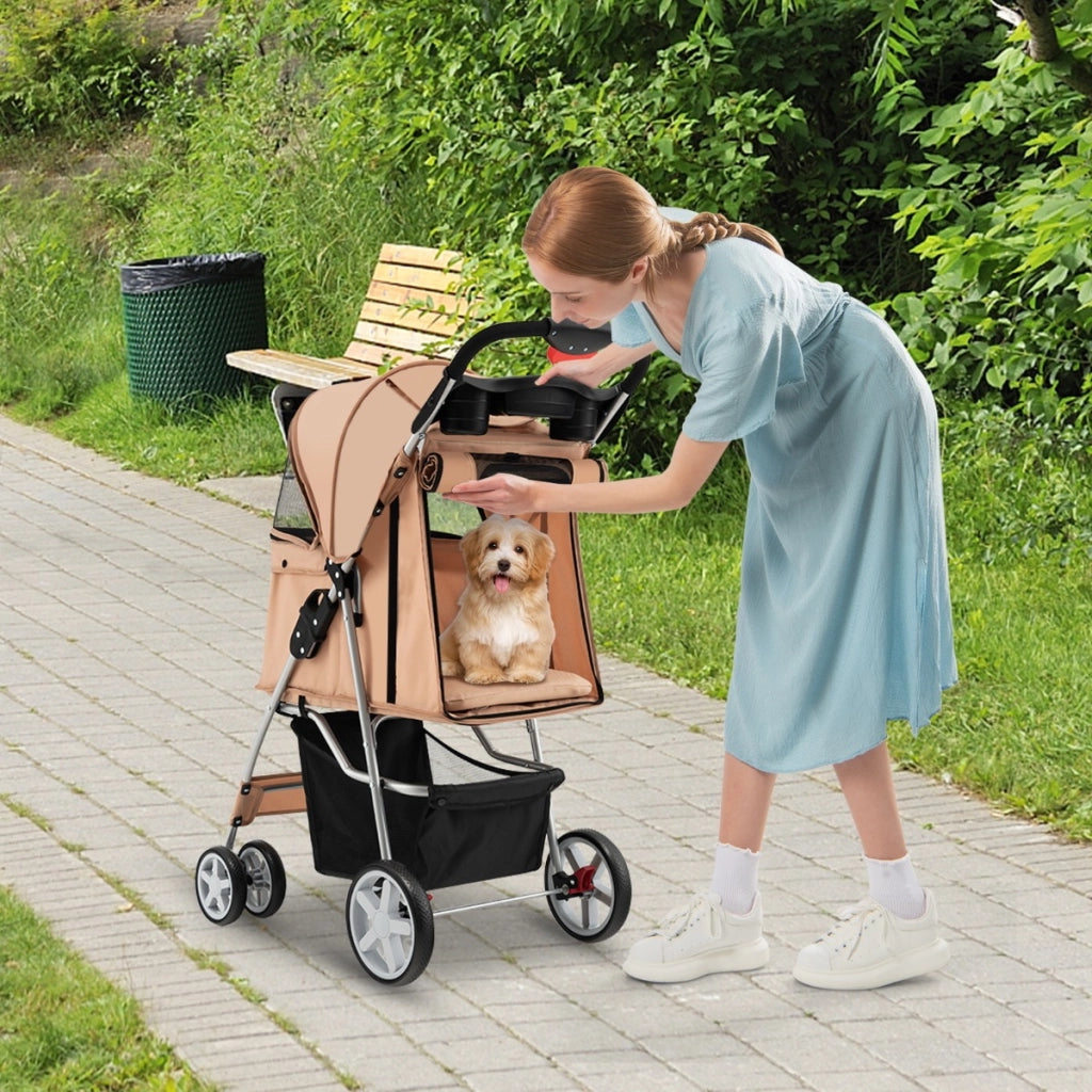 Passeggino per animali domestici a 4 ruote con cestino portaoggetti, Trasportino da viaggio portatile Beige-Giochi e accessori per cani