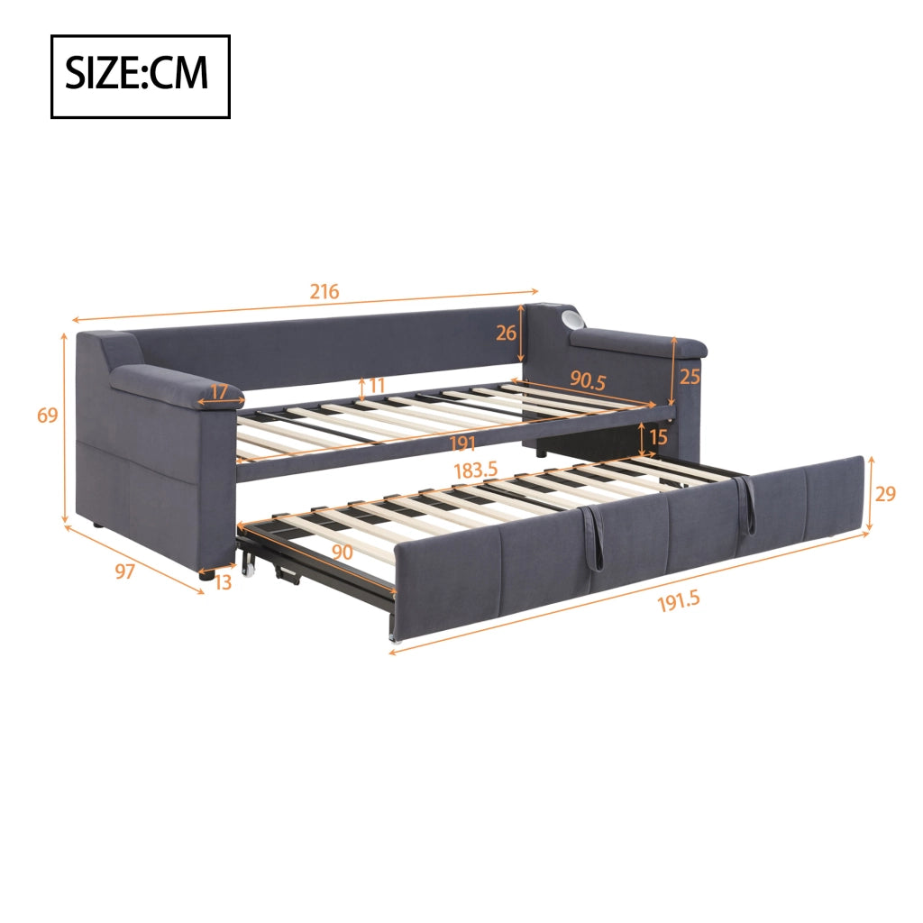 Divano letto imbottito con estensione idraulica 90/180x190 cm; velluto grigio; con Bluetooth e USB