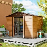 Casetta da Giardino in Acciaio Effetto Legno e Doppie Porte Scorrevoli, 278x195x215 cm, Marrone