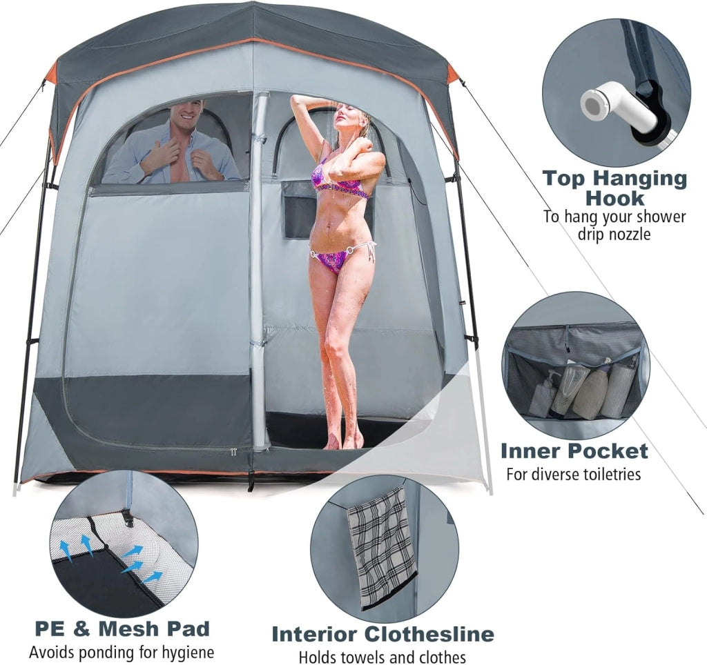 Tenda da campeggio per doccia per 2 persone, spogliatoio con sacchetto di trasporto e copertura antipioggia rimovibile, tenda per servizi igienici, spogliatoio per esterni, 210 x 106 x 210