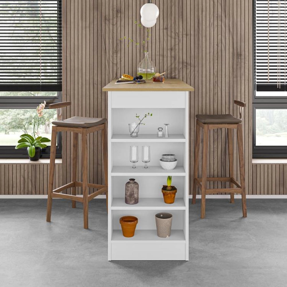 Tavolo da Bar 4 Ripiani e Portaoggetti Bianco e Quercia Salvaspazio 117x54x102cm