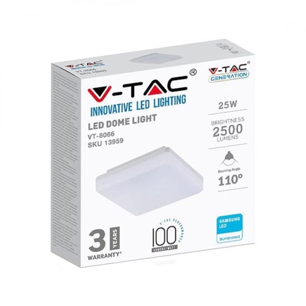 V-TAC PRO VT-8066SQ Plafoniera LED Chip Samsung Quadrata 25W 120LM/W Colore Bianco 6400K IP44 - SKU 13979