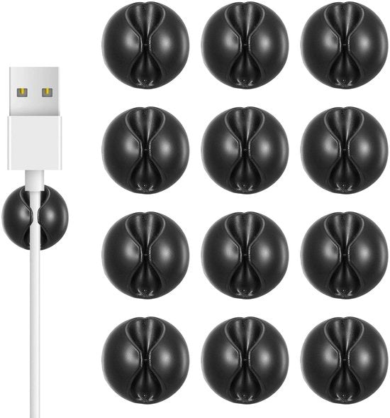 Organizzatore per cavi - Clip per cavi - Adesivo a secco - Nero - Organizzatore per cavi - Adatto per cavi USB - 12 pezzi