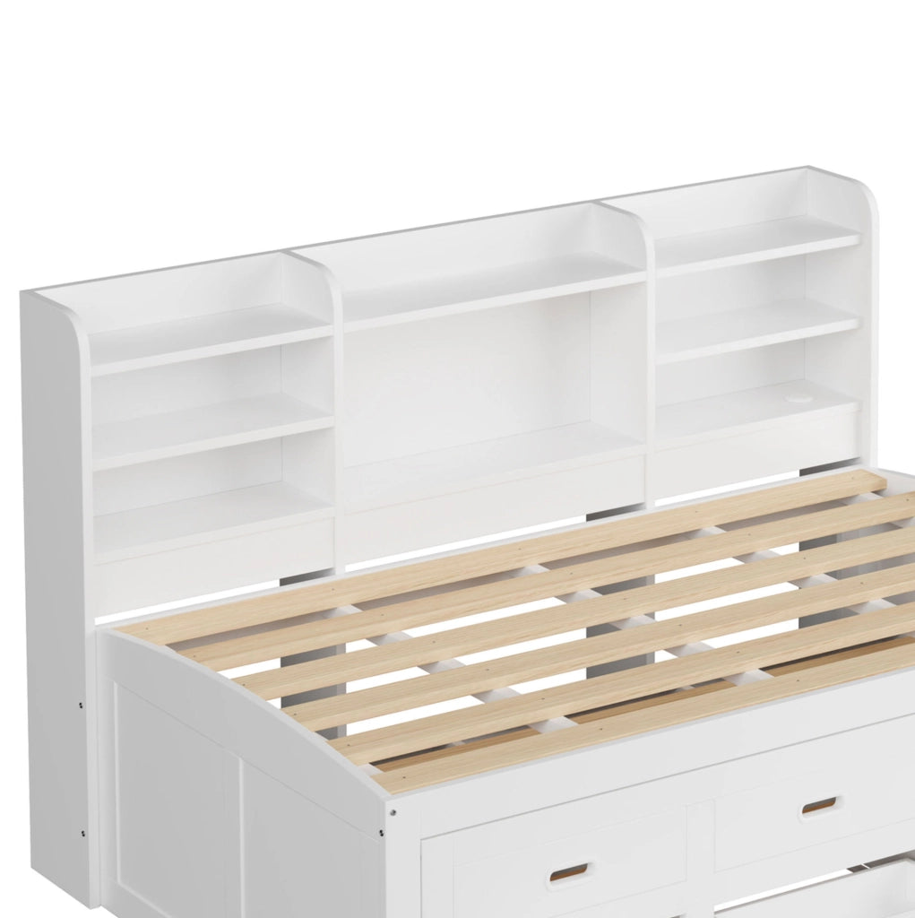 Letto daybed estraibile 90x200 cm con LED; 3 cassetti; USB e Type-C; bianco