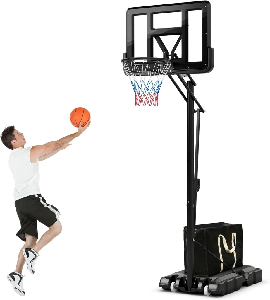 Canestro Basket per Esterno in PE, 10 Livelli di Altezza Regolabile 143-305 cm, Supporto da Basket Portatile con Ruote, Base, Pallacanestro per Interni, per Bambini e Adulti